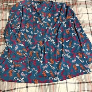 Lane Bryant Floral V-Neck Blouse - Blue and Red